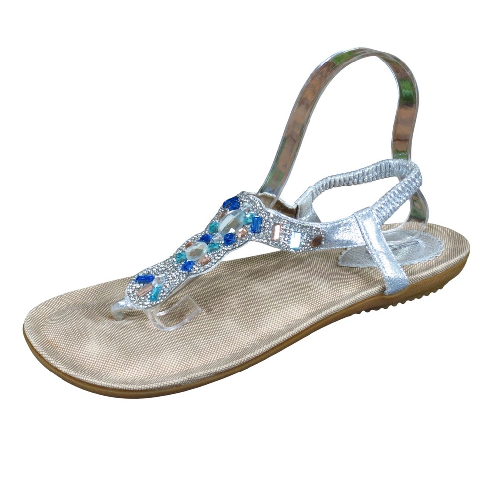 Siketu Q383-3 Women Jewel Thong Sandal Sz 45 Summer Dress Silver Blue Rhinestone